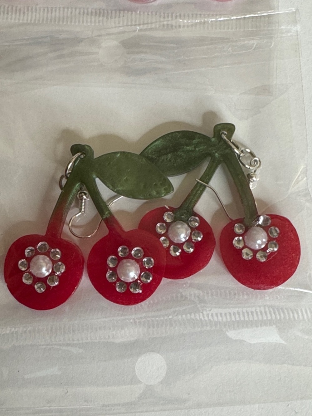 Cherry Dangle Earrings in Red and Green with Crystal Accents